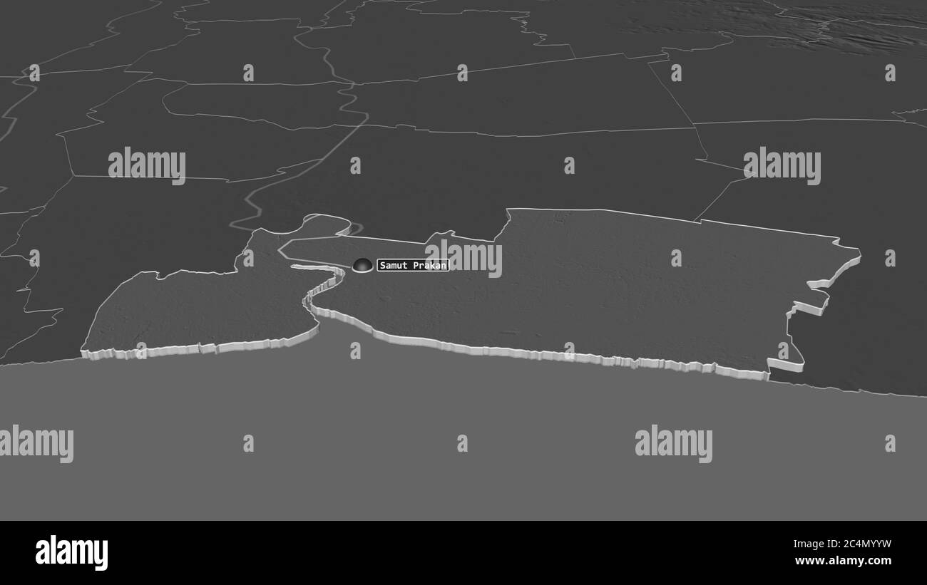 Zoom sur Samut Prakan (province de Thaïlande) extrudé. Perspective oblique. Carte d'altitude à deux niveaux avec les eaux de surface. Rendu 3D Banque D'Images