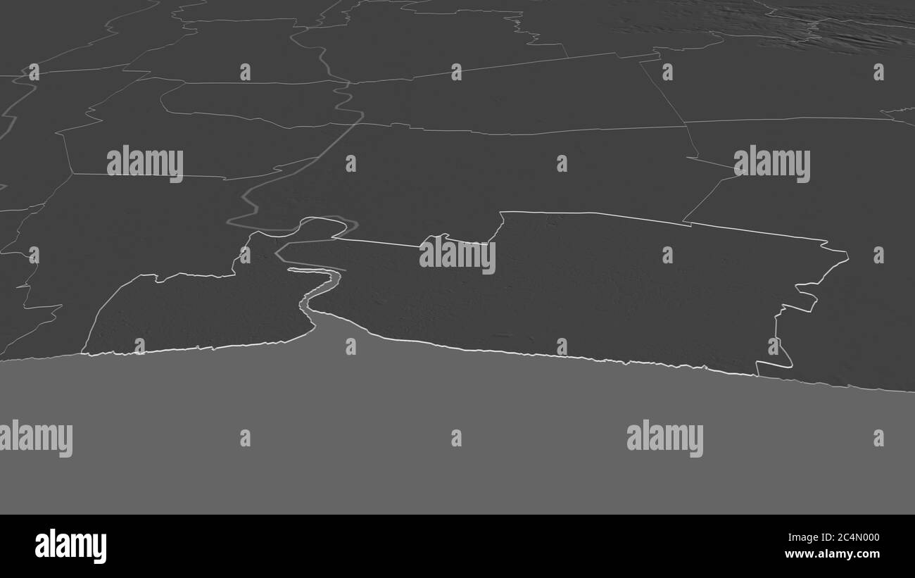 Zoom avant sur Samut Prakan (province de Thaïlande) décrit. Perspective oblique. Carte d'altitude à deux niveaux avec les eaux de surface. Rendu 3D Banque D'Images