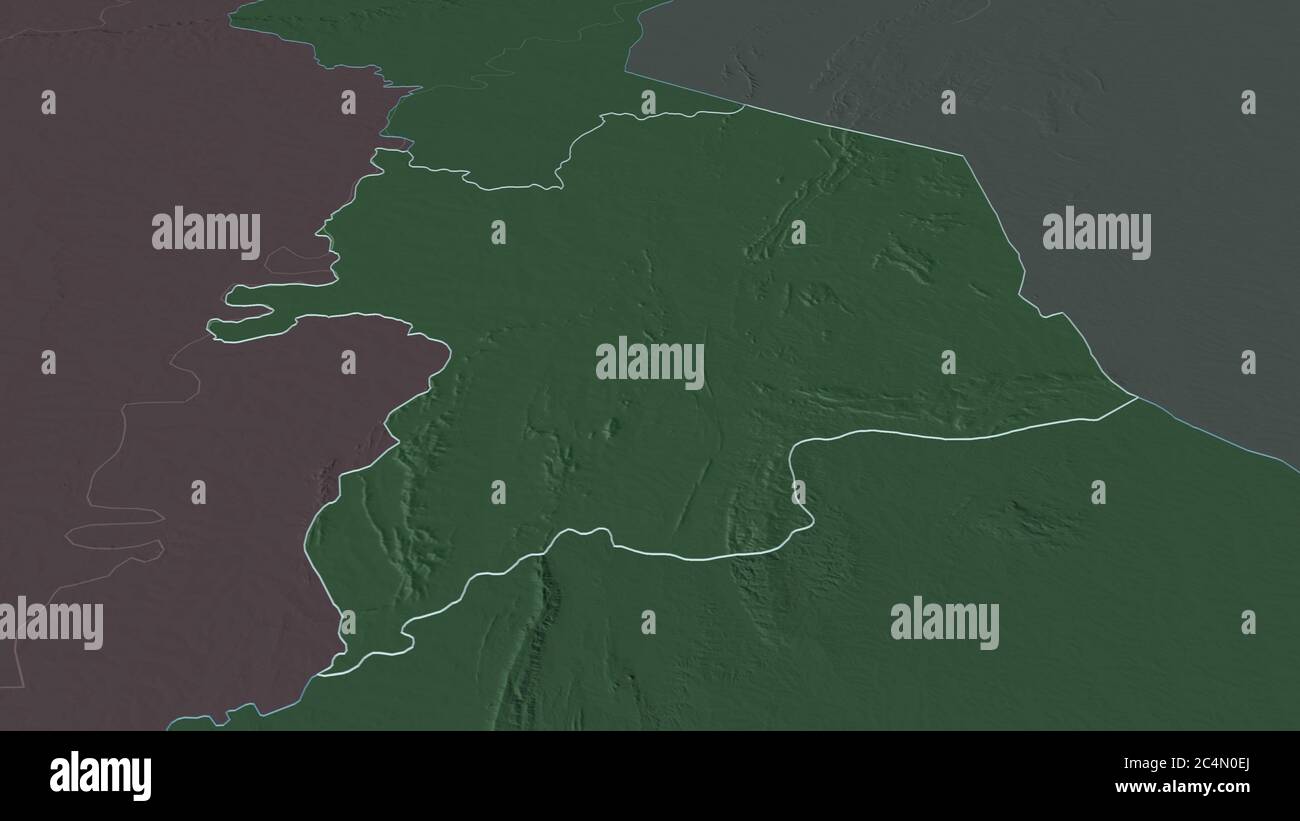 Effectuez un zoom avant sur Kara (région du Togo). Perspective oblique. Carte colorée et bosselée de la division administrative avec les eaux de surface. Rendu 3D Banque D'Images