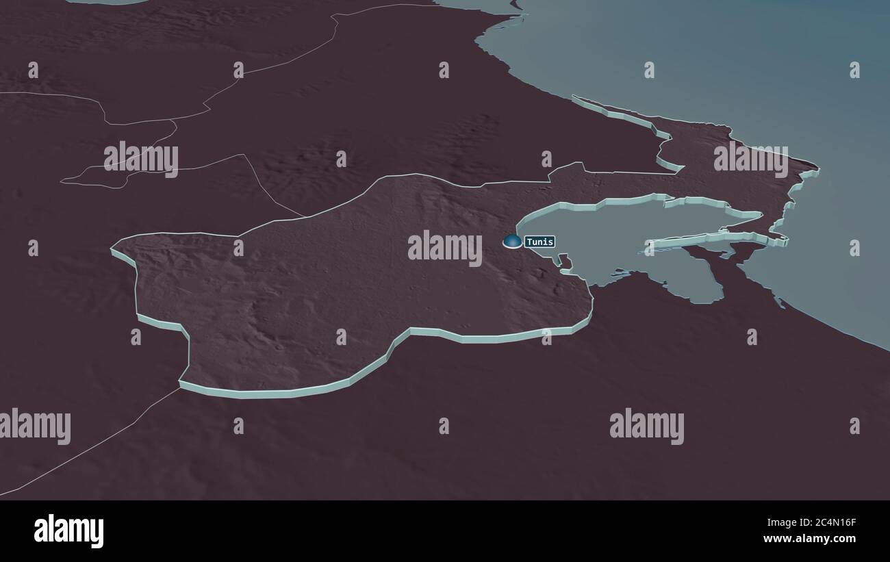 Zoom avant sur Tunis (gouvernorat de Tunisie) extrudé. Perspective oblique. Carte colorée et bosselée de la division administrative avec les eaux de surface. 3D Banque D'Images