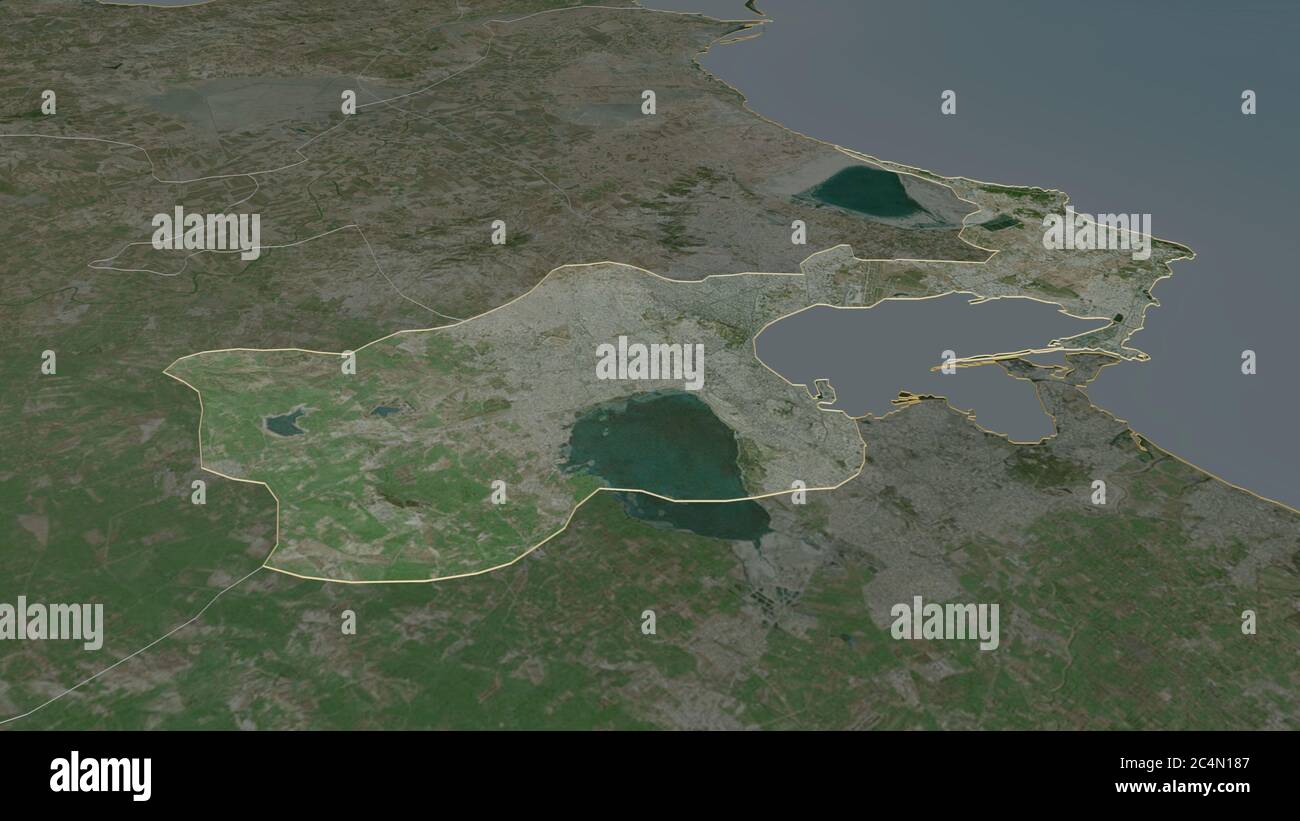 Zoom avant sur Tunis (gouvernorat de Tunisie). Perspective oblique. Imagerie satellite. Rendu 3D Banque D'Images