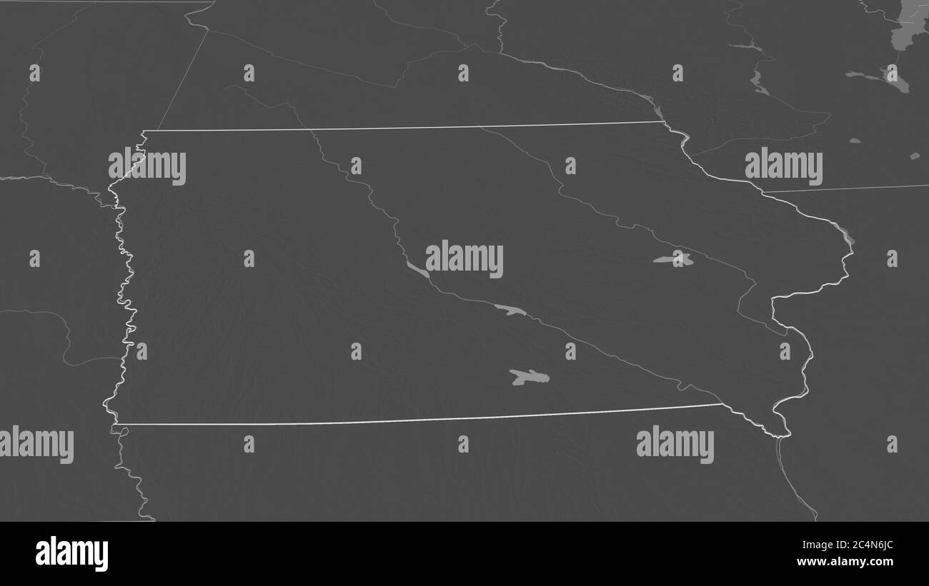 Effectuez un zoom avant sur l'Iowa (État des États-Unis). Perspective oblique. Carte d'altitude à deux niveaux avec les eaux de surface. Rendu 3D Banque D'Images