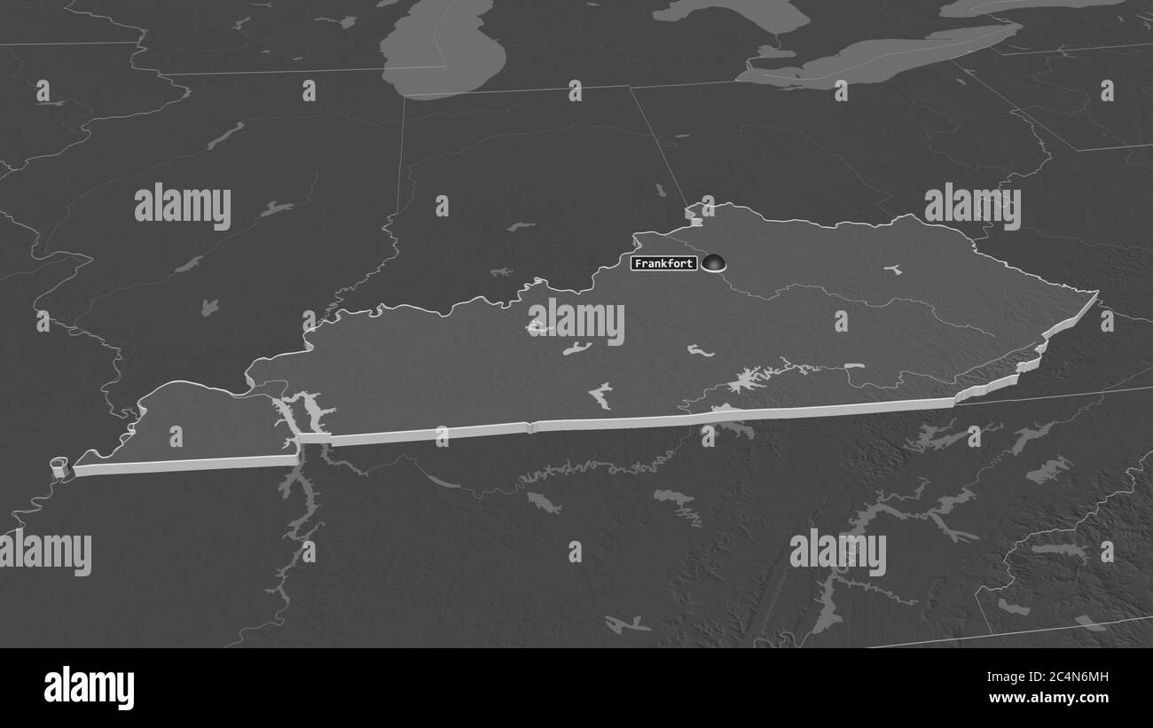Zoom avant sur Kentucky (État des États-Unis) extrudé. Perspective oblique. Carte d'altitude à deux niveaux avec les eaux de surface. Rendu 3D Banque D'Images