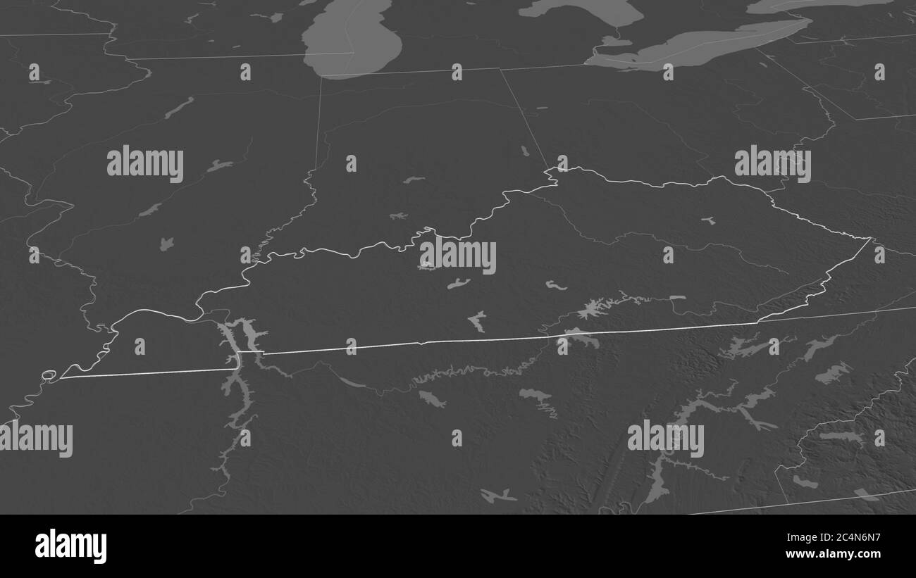 Effectuez un zoom avant sur le Kentucky (État des États-Unis). Perspective oblique. Carte d'altitude à deux niveaux avec les eaux de surface. Rendu 3D Banque D'Images