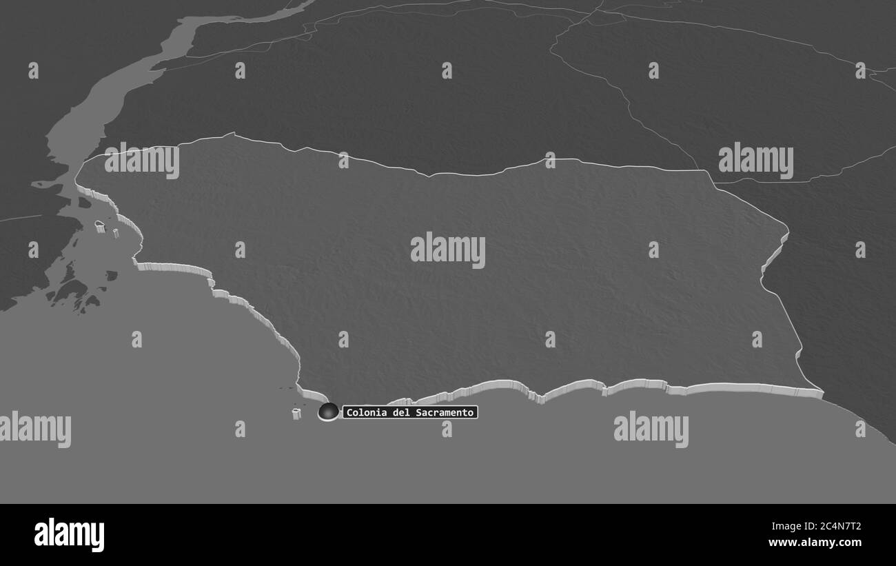 Zoom sur Colonia (département de l'Uruguay) extrudé. Perspective oblique. Carte d'altitude à deux niveaux avec les eaux de surface. Rendu 3D Banque D'Images