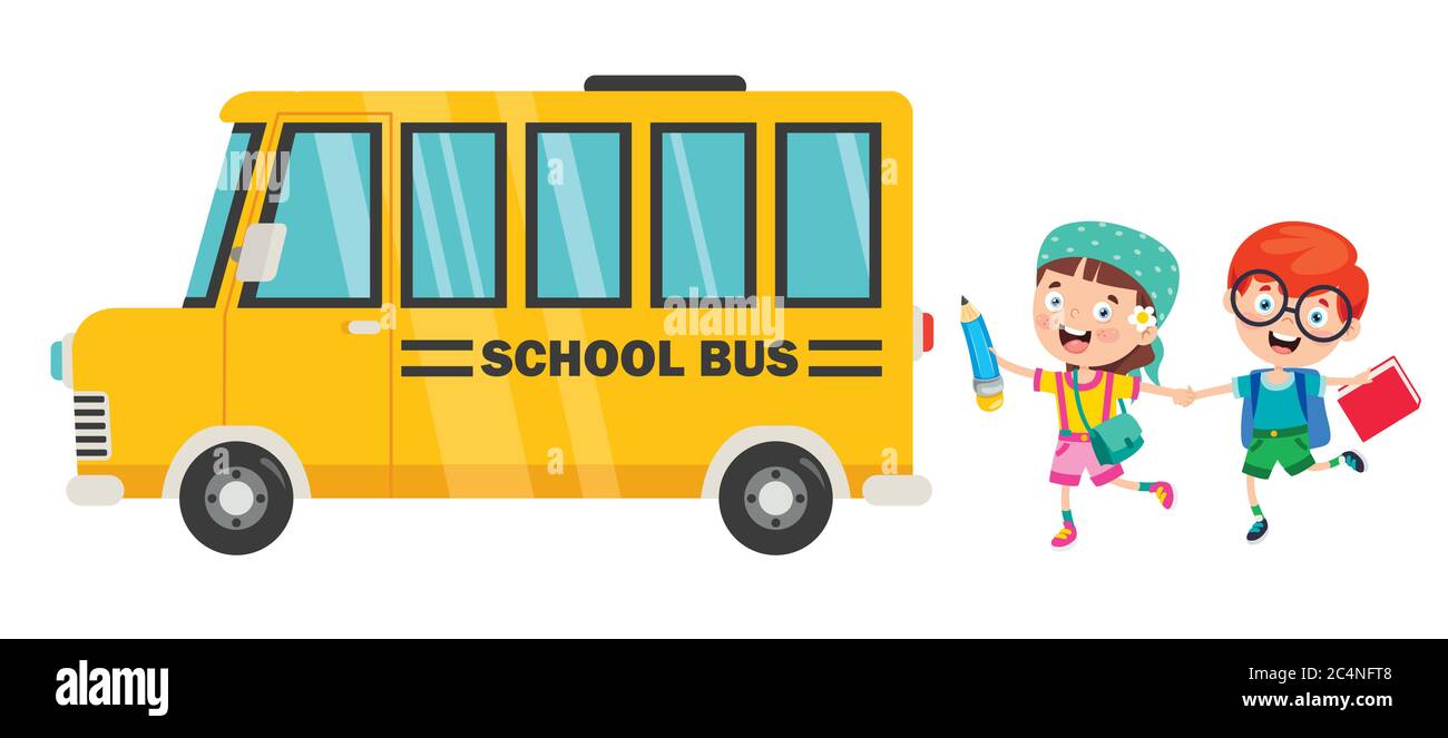 Enfants heureux et autobus scolaire Illustration de Vecteur