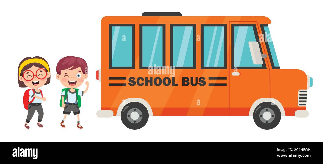 Enfants heureux et autobus scolaire Illustration de Vecteur