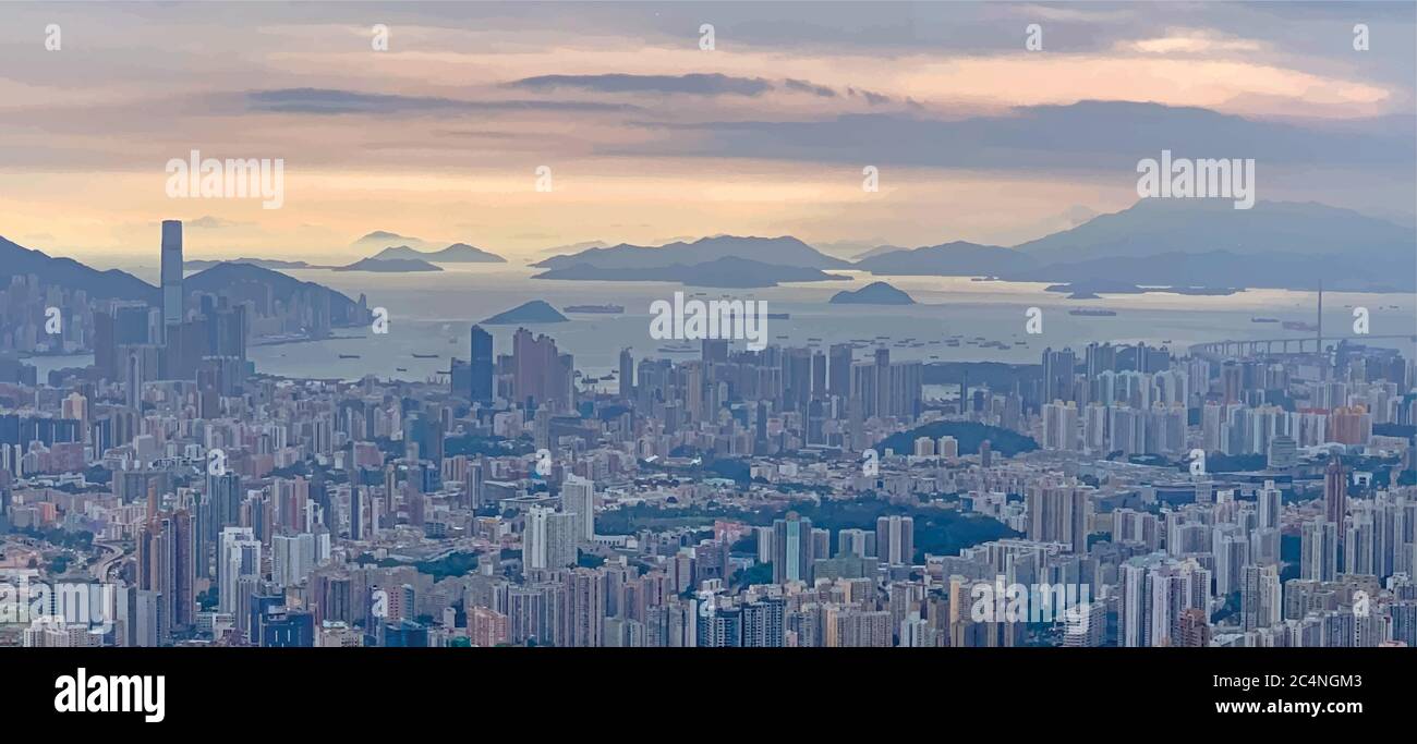 L'illustration panoramique du paysage urbain de Hong Kong, des bâtiments, de la montagne et de la mer Illustration de Vecteur