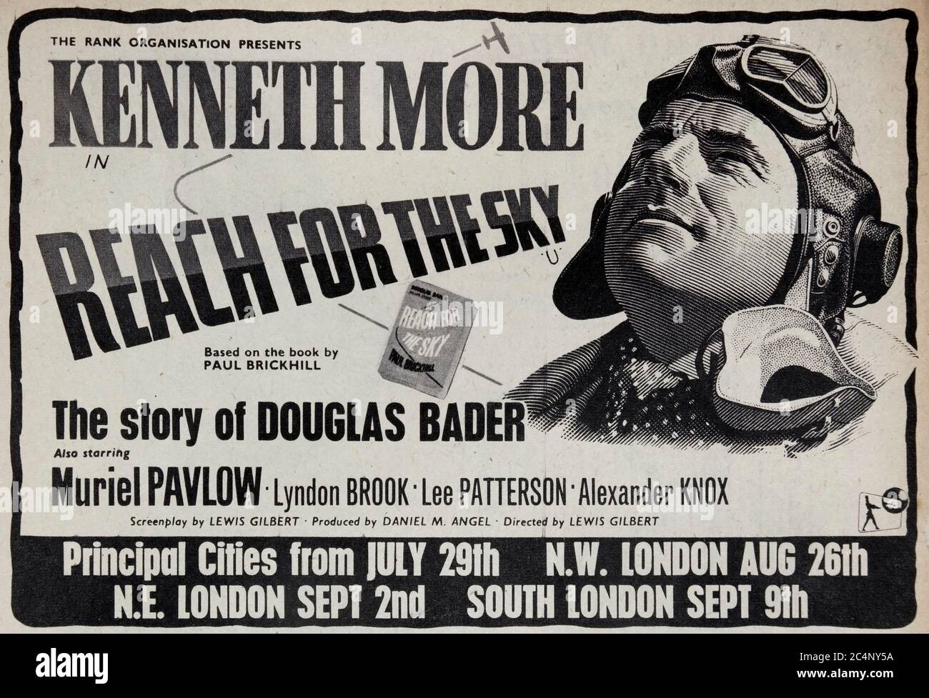 Publicité vintage pour la sortie du film biographique « Reach for the Sky » en 1956, avec Kenneth More comme pilote de chasse britannique Douglas Bader. Banque D'Images