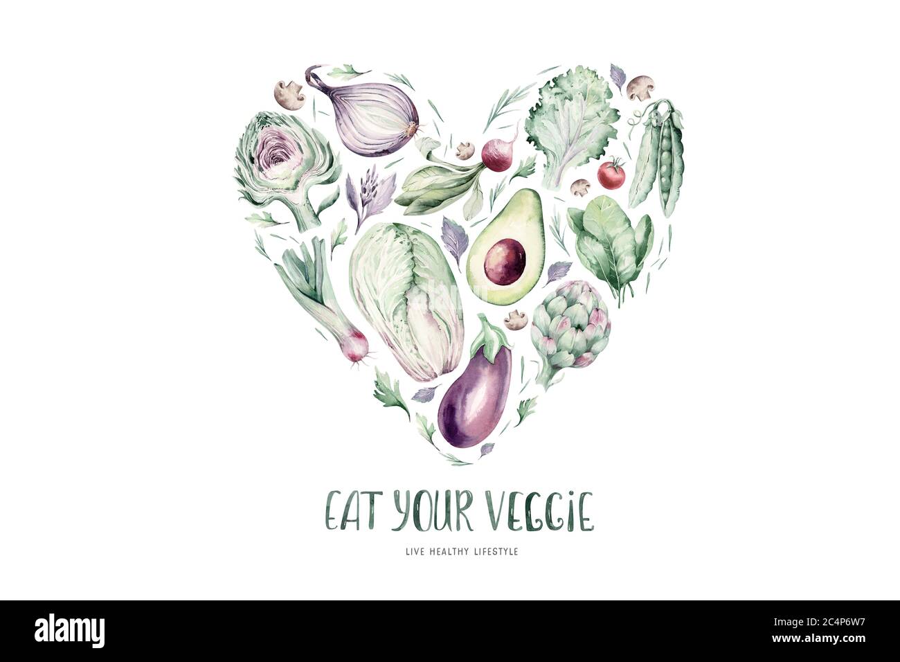 Légumes vert sain set biologique aquarelle coeur forme artichaut, brocoli, épinards, céleri vitamine Cabbage, leek et oignon illustration Banque D'Images