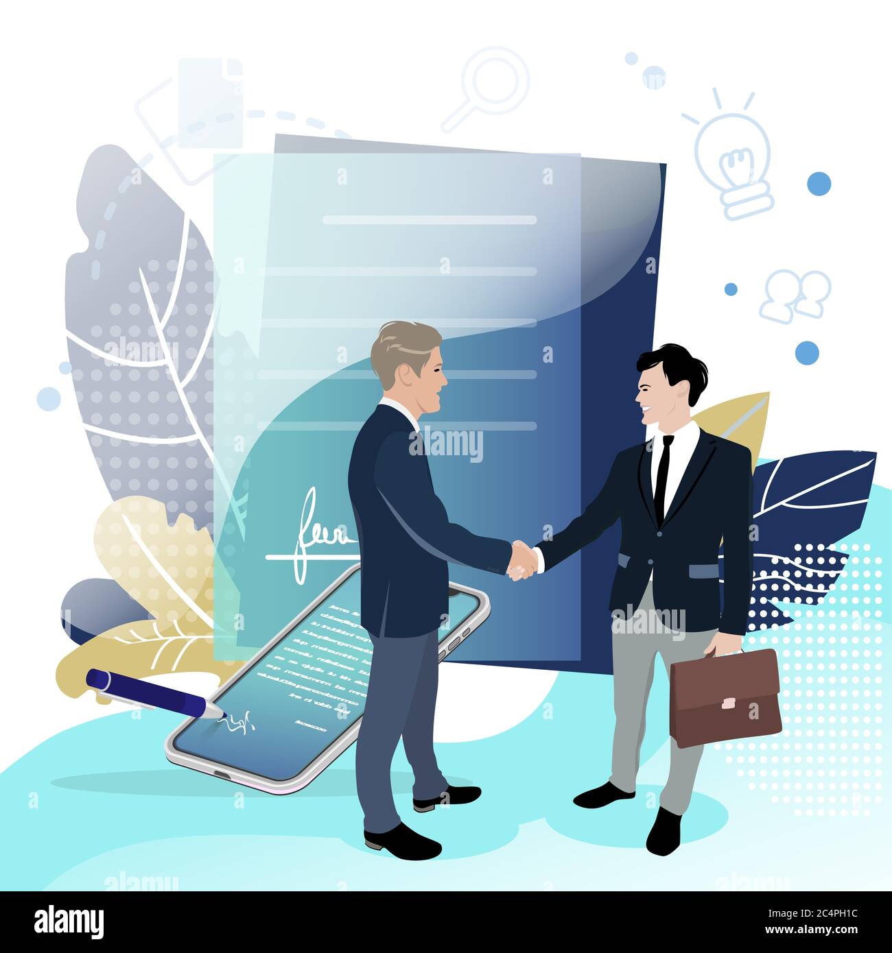 Bonne affaire, signature de contrat d'affaires. Partenariat rentable. Investisseur confiance sponsorisent l'argent, avantage de démarrage, construire le travail d'équipe de liaison. Vecteur c Illustration de Vecteur