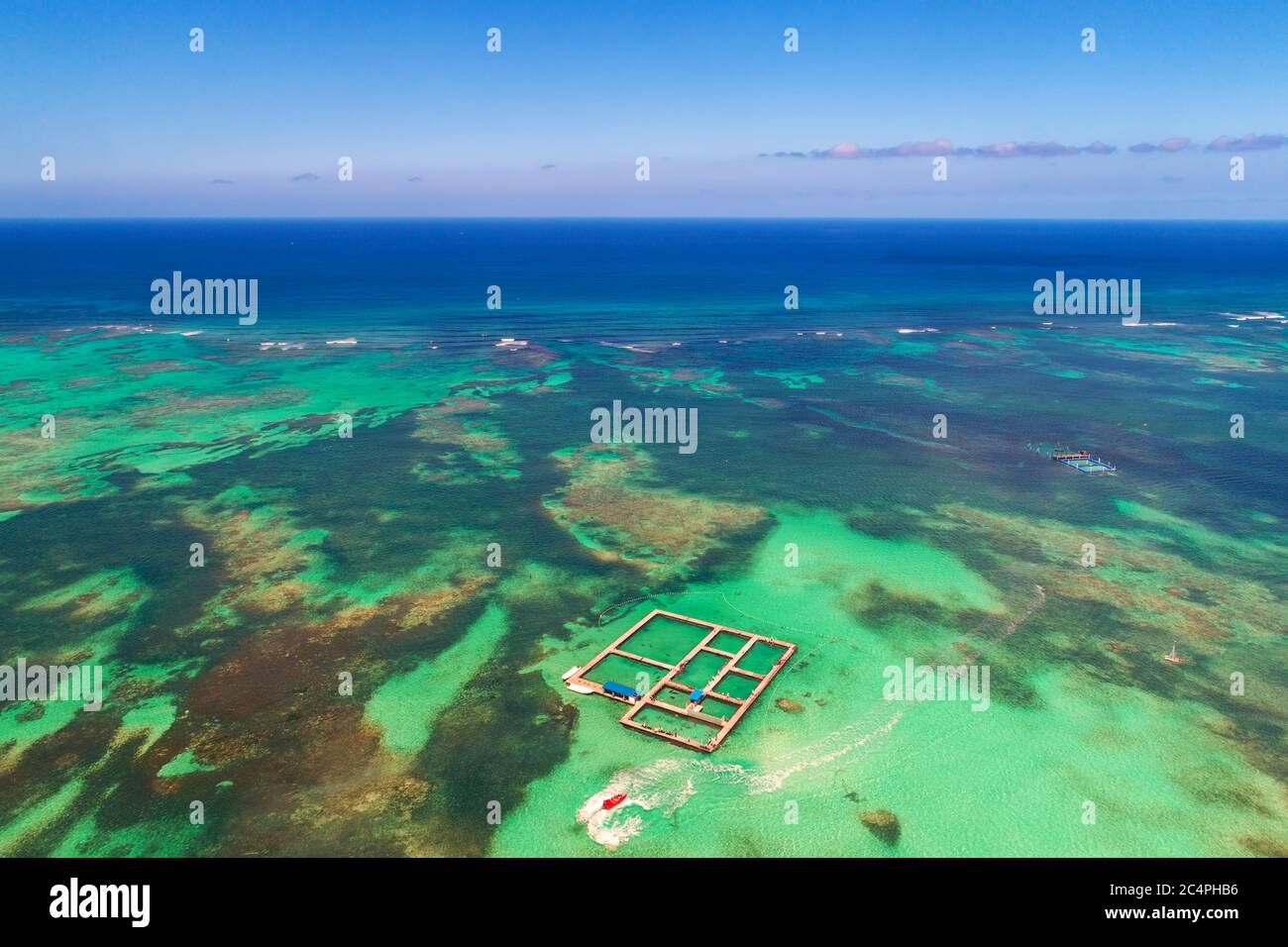 Dauphins, requins, raies dans le parc de la piscine de mer des caraïbes. Nager avec du poisson. Vue aérienne. Banque D'Images