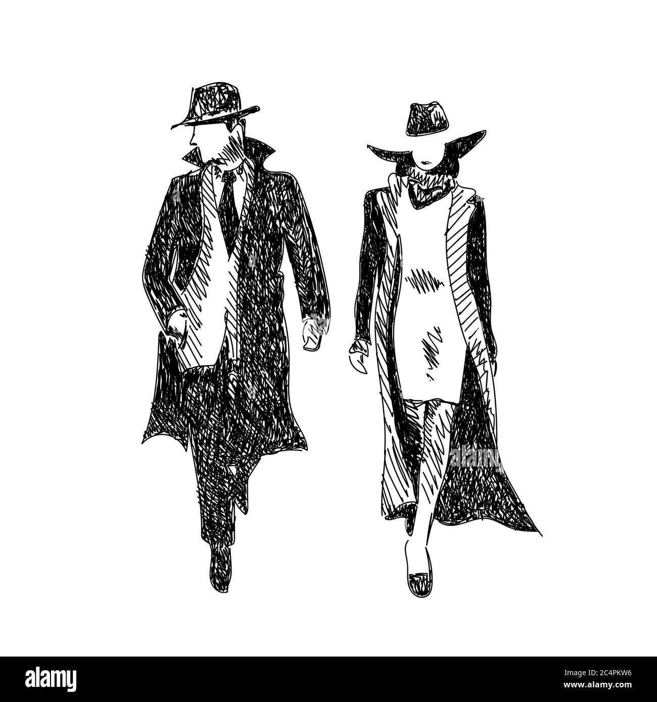 Dessin stylisé vectoriel homme et femme stylés en imperméable et chapeaux  Image Vectorielle Stock - Alamy