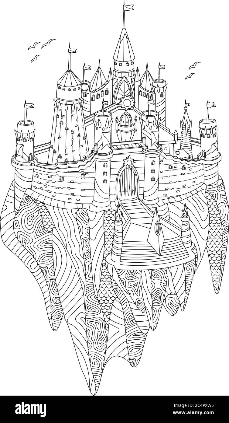 Livre de coloriage pour adultes avec château de fantaisie sur une île volante Illustration de Vecteur