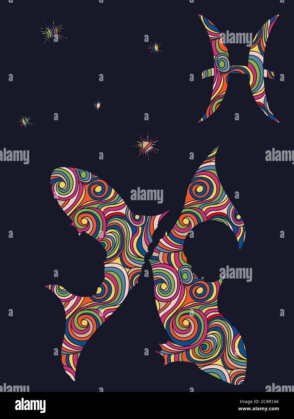 Signe du zodiaque les poissons se remplissent de formes ondulées colorées et muettes sur le fond gris foncé avec des étoiles et des symboles astrologiques, illustration vectorielle Illustration de Vecteur