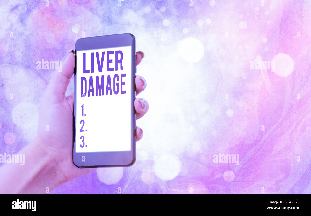 Signe textuel montrant des lésions hépatiques. Photo d'affaires présentant tout désordre de la cirrhose du foie ou de la cicatrisation du foie moderne gadgets avec blanc displ Banque D'Images