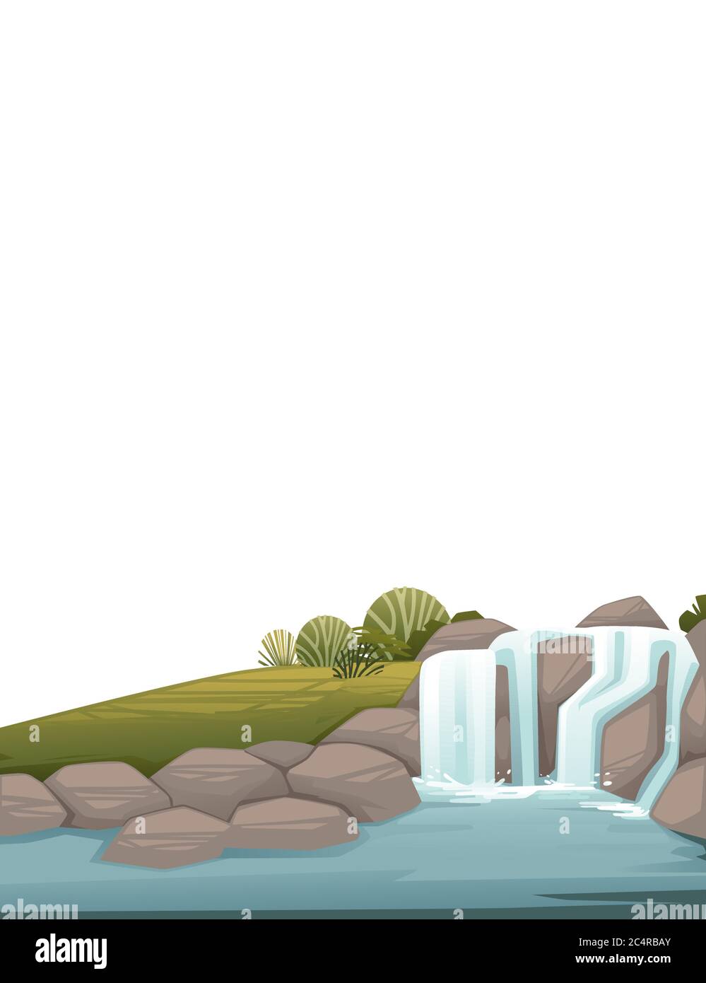 Paysage de campagne cascade sur rochers dessin animé dessin vectoriel plat illustration sur fond blanc conception verticale Illustration de Vecteur