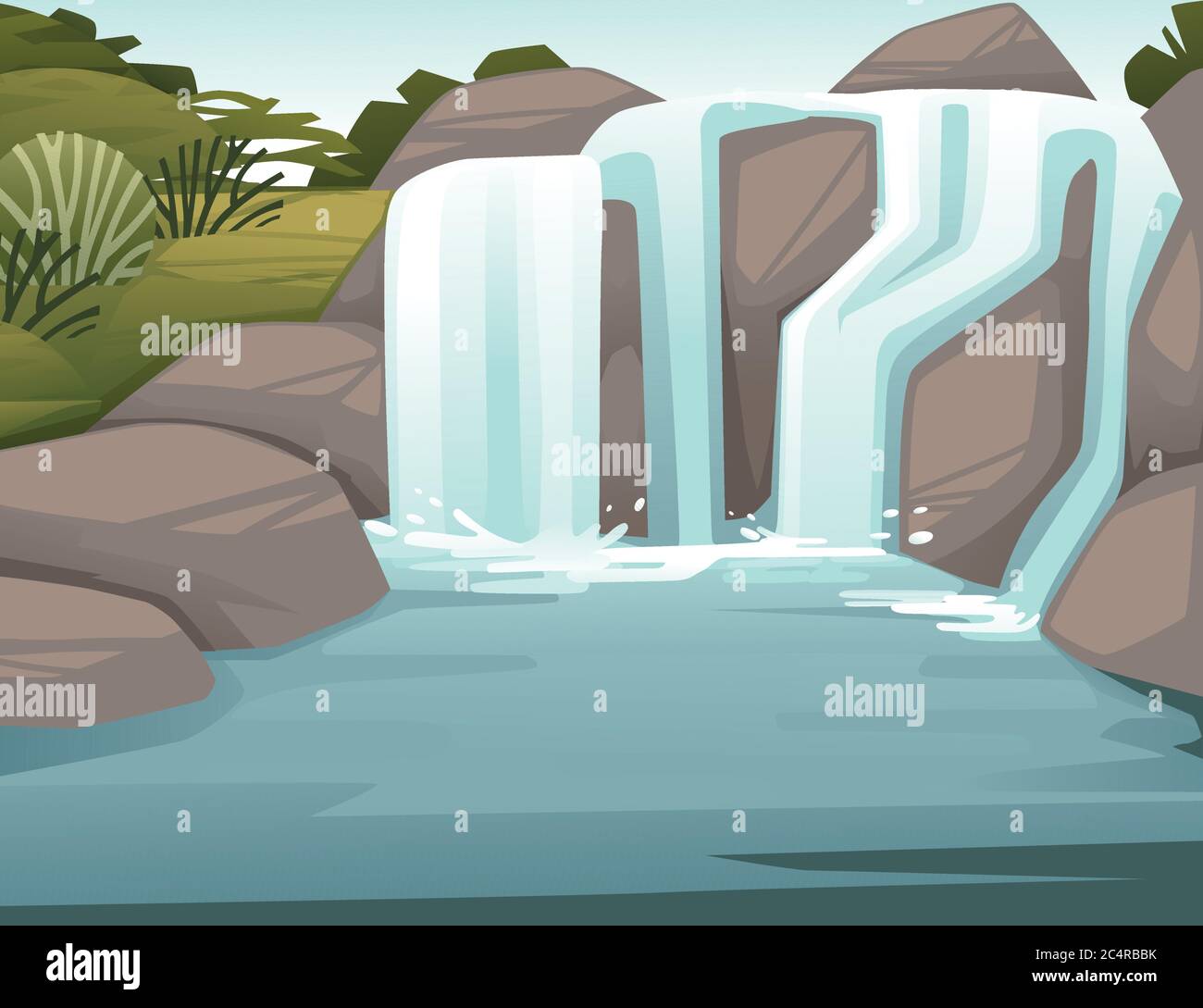 Paysage de campagne cascade sur des rochers dessin animé dessin vectoriel plat illustration Illustration de Vecteur
