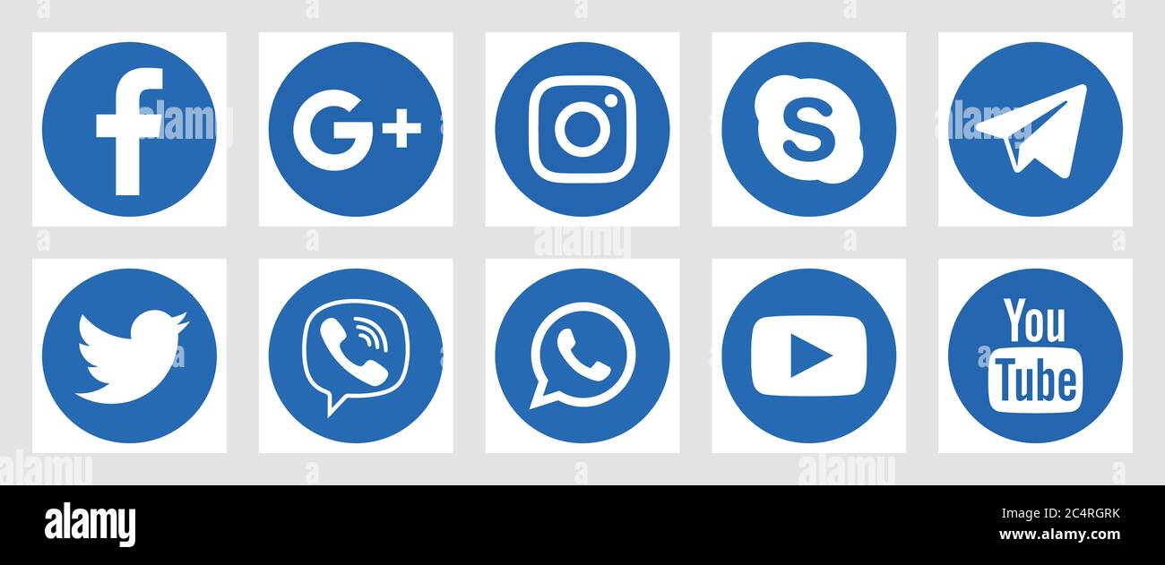VORONEZH, RUSSIE - 16 JANVIER 2020 : ensemble d'icônes de médias sociaux rondes et plates de couleur bleue. Facebook, Twitter, Instagram, YouTube, Skype, Telegram et o Illustration de Vecteur