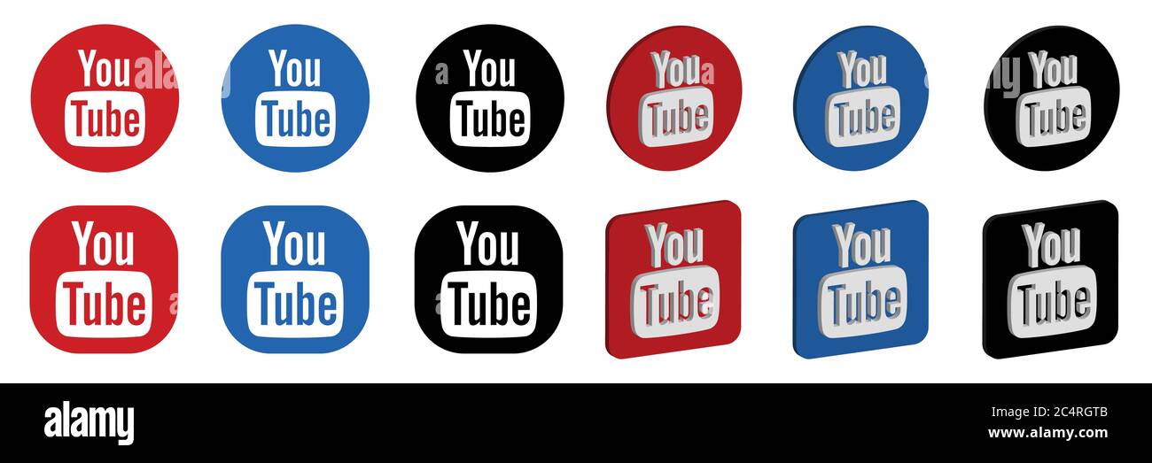 VORONEZH, RUSSIE - 16 JANVIER 2020 : ensemble de logos YouTube ronds et carrés, plats et isométriques en rouge, bleu et noir Illustration de Vecteur