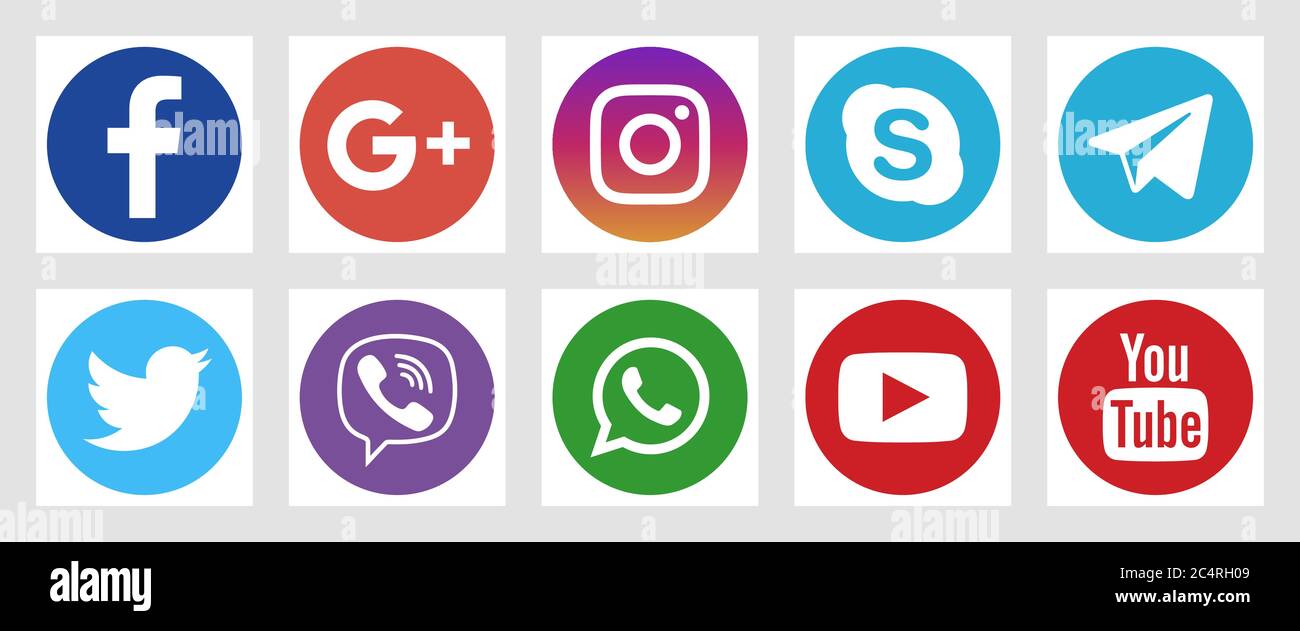 VORONEZH, RUSSIE - 16 JANVIER 2020 : ensemble d'icônes de médias sociaux rondes et plates aux couleurs standard. Facebook, Twitter, Instagram, YouTube, Skype, Telegram A. Illustration de Vecteur