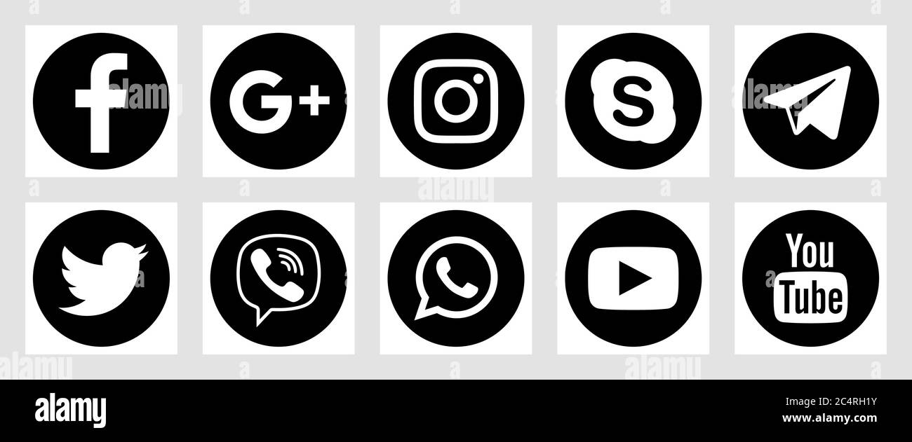VORONEZH, RUSSIE - 16 JANVIER 2020 : ensemble d'icônes de médias sociaux rondes et plates en noir. Facebook, Twitter, Instagram, YouTube, Skype, Telegram et Illustration de Vecteur