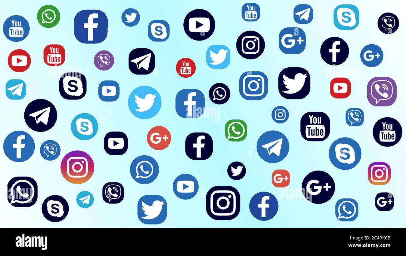 VORONEZH, RUSSIE - 8 AVRIL 2020 : arrière-plan de diverses icônes plates de médias sociaux dans des couleurs standard et noires. Facebook, Twitter, Instagram, YouTube, S Illustration de Vecteur
