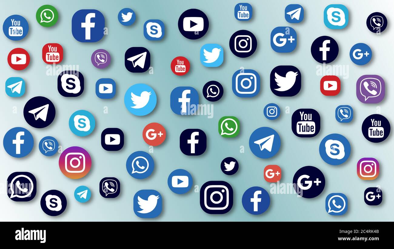 VORONEZH, RUSSIE - 8 AVRIL 2020 : arrière-plan de diverses icônes plates de médias sociaux dans des couleurs standard et noires avec des ombres. Facebook, Twitter, Instagra Illustration de Vecteur