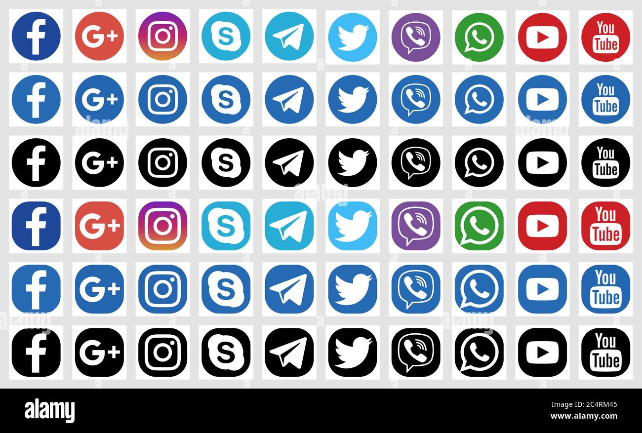 VORONEZH, RUSSIE - 8 AVRIL 2020 : ensemble d'icônes de médias sociaux plates et rondes, aux couleurs standard et noires. Facebook, Twitter, Instagram, YouTube, Illustration de Vecteur