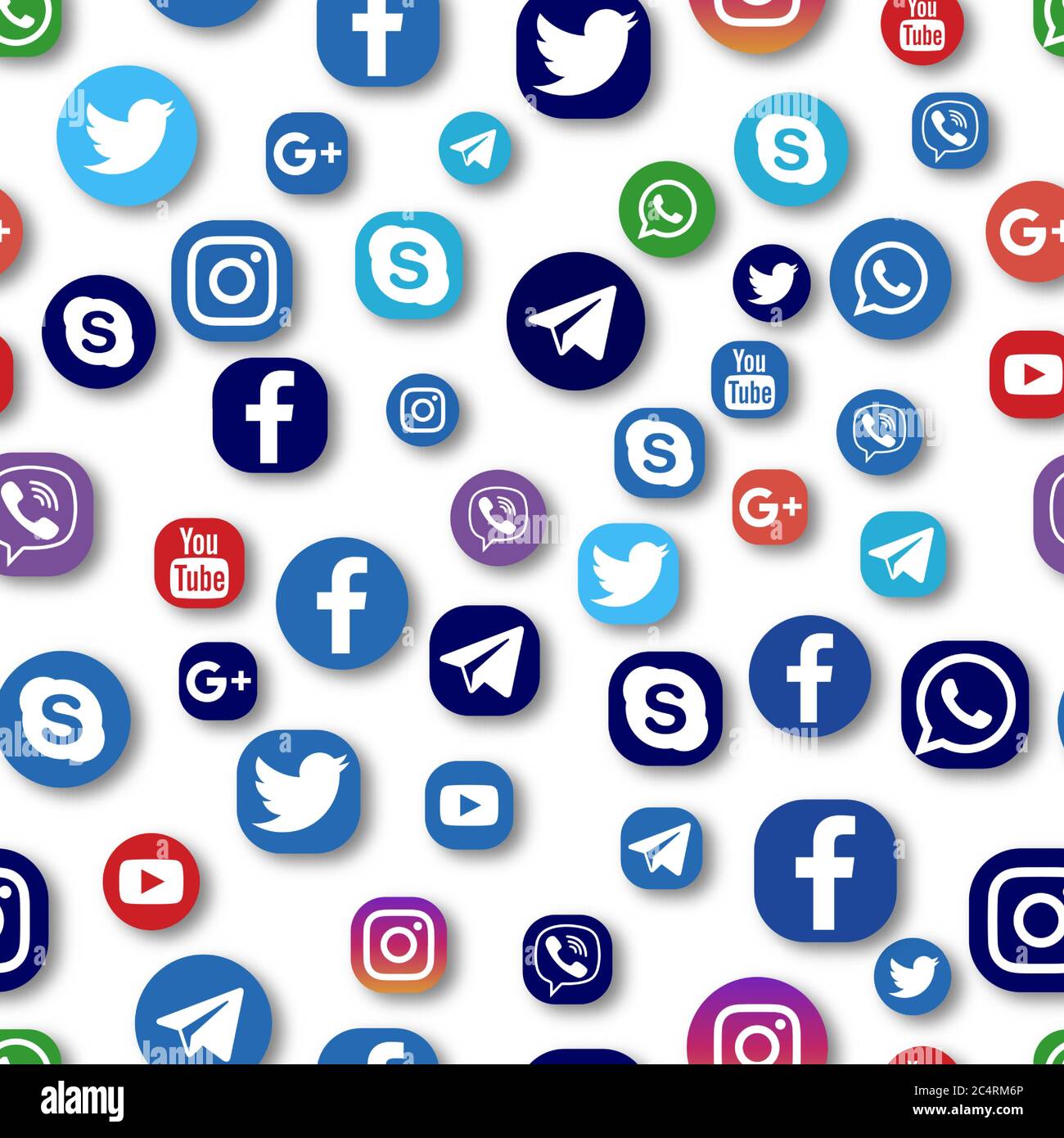 VORONEZH, RUSSIE - 8 AVRIL 2020 : modèle sans couture de diverses icônes plates des médias sociaux dans des couleurs standard et noires avec des ombres. Facebook, Twitter, dans Illustration de Vecteur