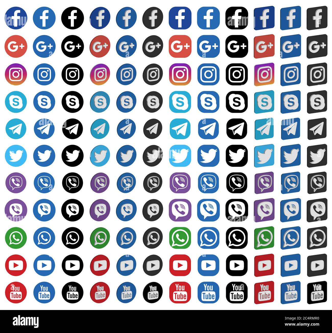 VORONEZH, RUSSIE - 8 AVRIL 2020 : ensemble d'icônes plates et isométriques, rondes et carrées de médias sociaux aux couleurs standard et noires. Facebook, Twitter, Inst Illustration de Vecteur