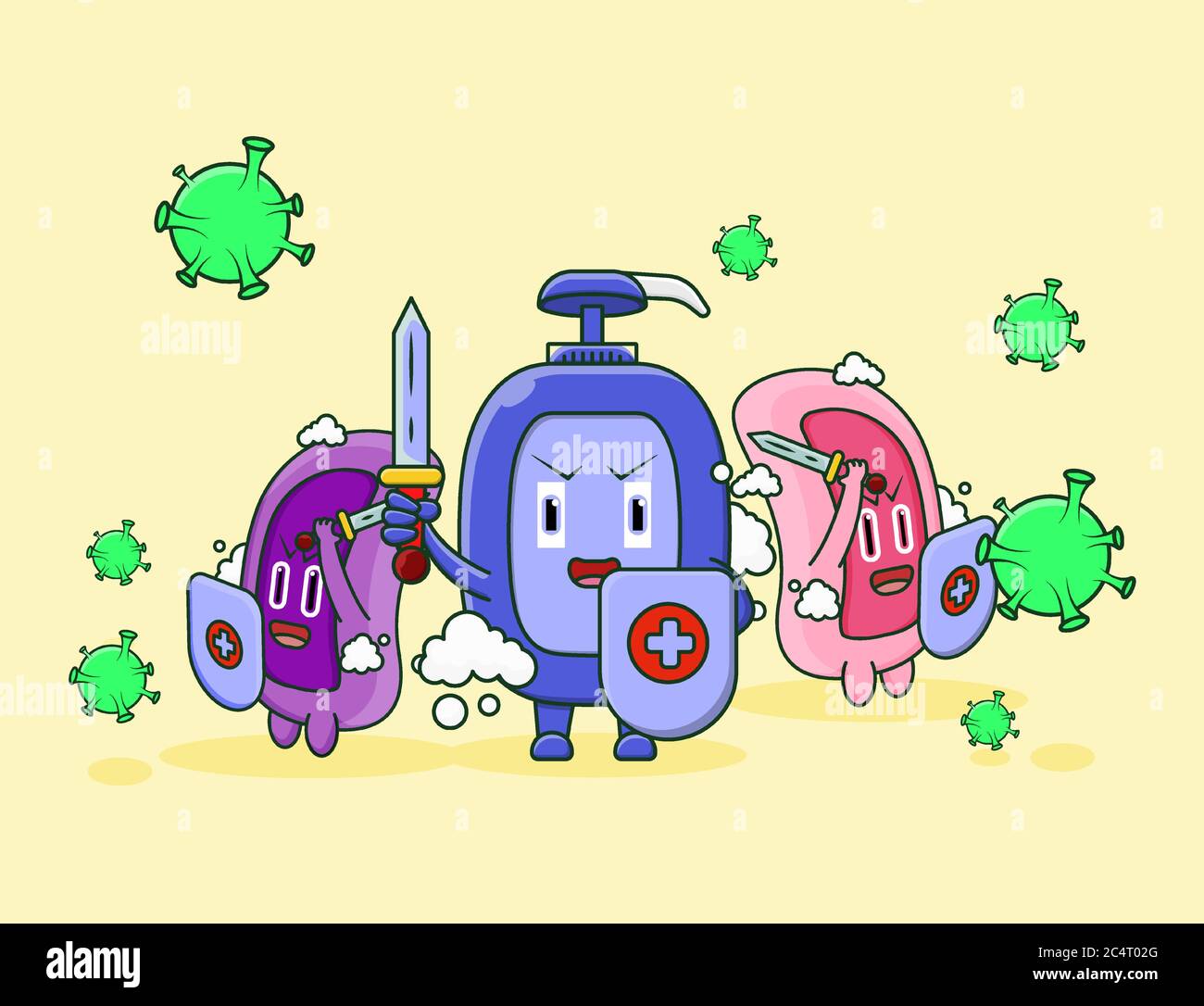 mignon caractère liquide et barre de savon guerre avec le virus corona Illustration de Vecteur