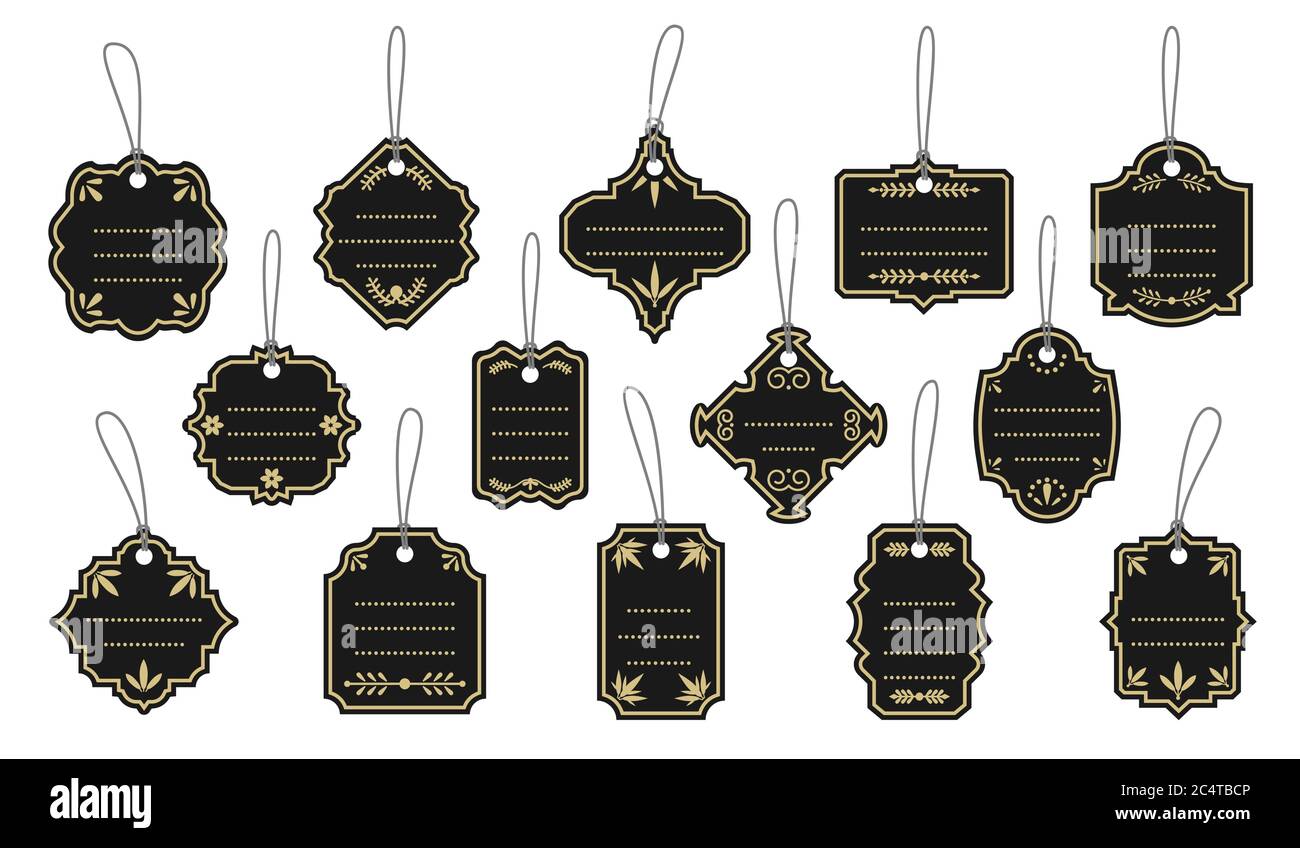 Ensemble de décorations cadre or pour étiquettes rétro noir vintage. Modèle de bannière d'autocollant avec points pour zone de texte. Bannière de bordure vide de forme différente, conception de menu, prix de vente.isolé sur illustration vectorielle blanche Illustration de Vecteur
