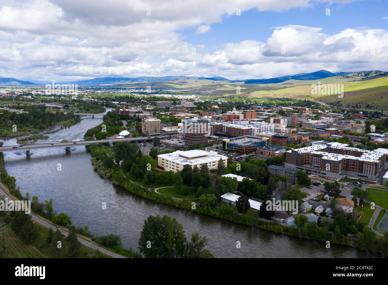 Vue aérienne du centre-ville de Missoula, Montana avec la rivière Clark Fork Banque D'Images