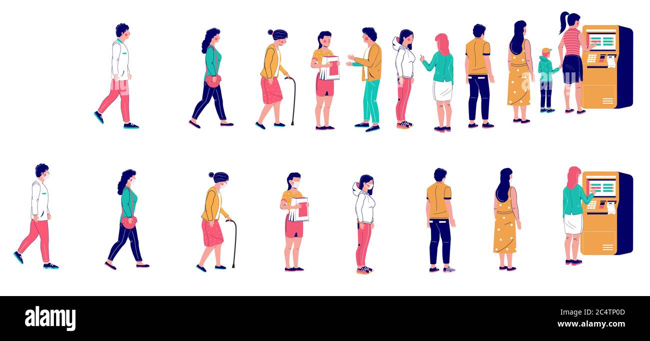 Personnes en file d'attente à la machine de ATM, illustration vectorielle plate Illustration de Vecteur