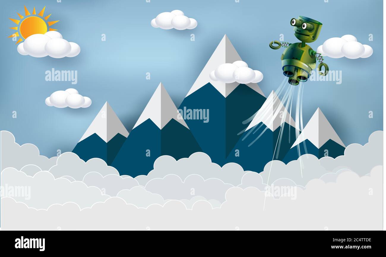 robot électronique volant en montagne dans l'air Illustration de Vecteur