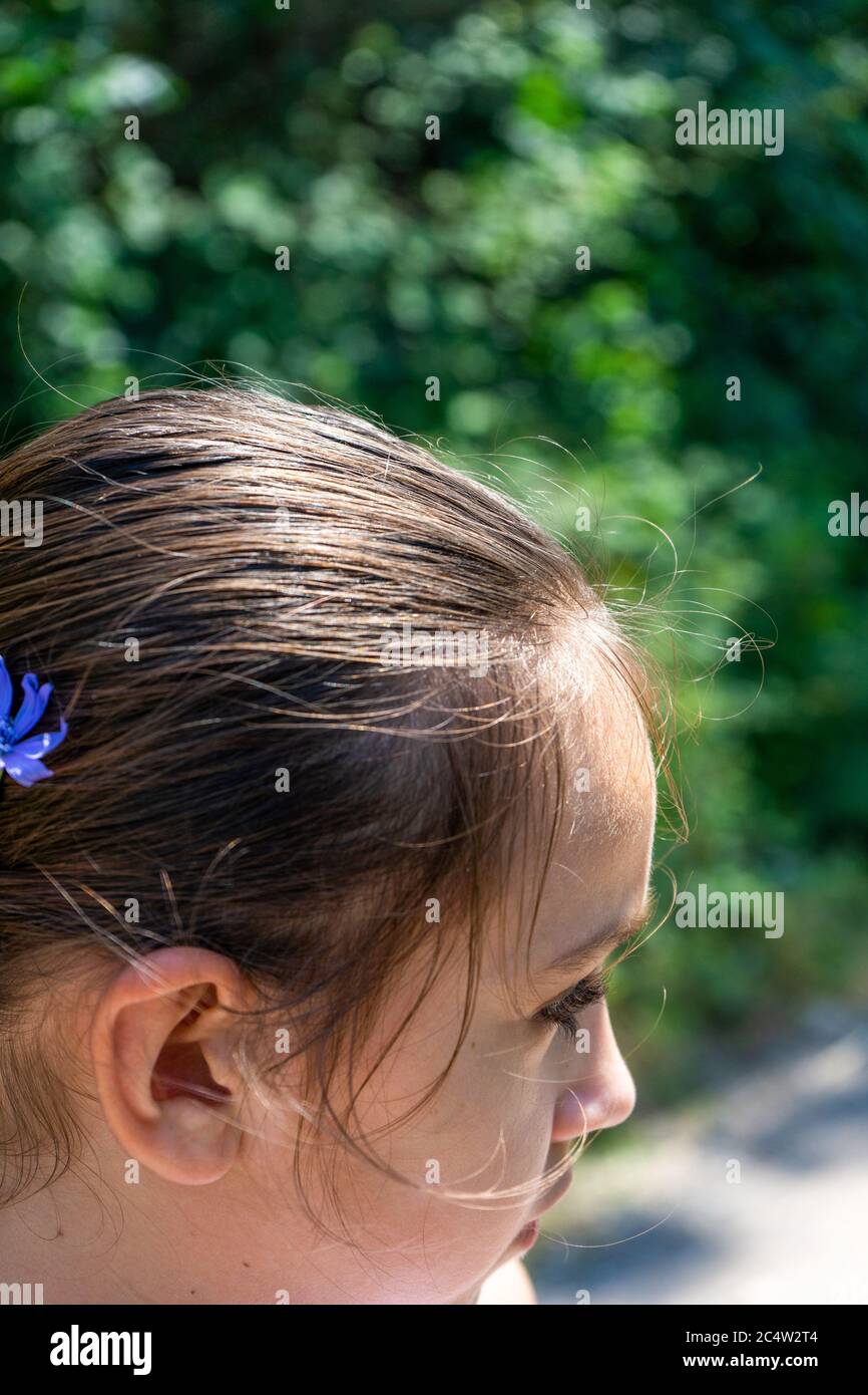 Jolie petite fille cueillant une fleur sur un chemin entouré par la nature. Concept de vie saine Banque D'Images