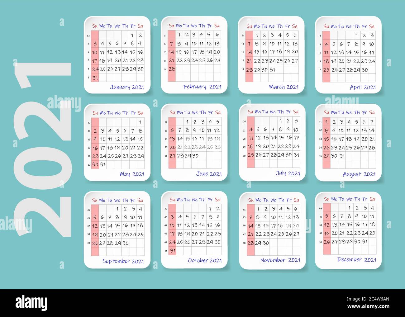 Calendrier mural de 2021 ans, la semaine commence le dimanche. Douze ...