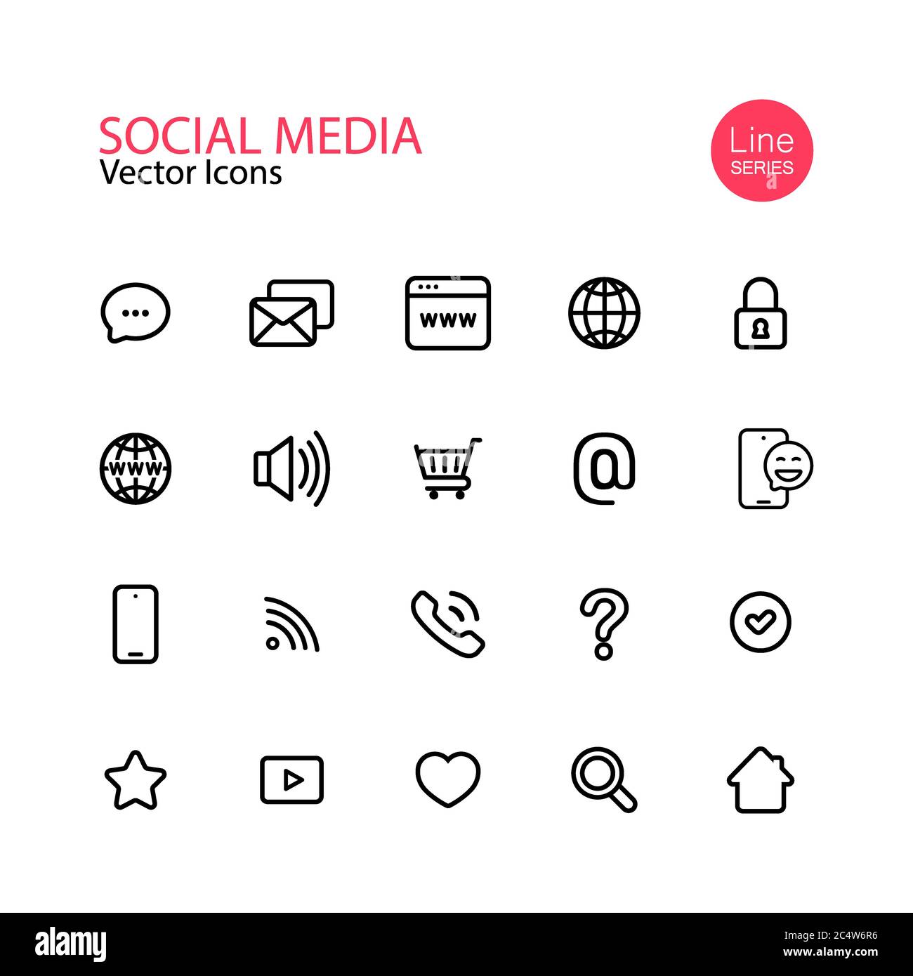 Icône de ligne de réseau social définie. Page de profil, notation, liens sociaux, panier, accueil, loupe, message, vérifier, verrouiller. Vecteur sur blanc isolé Illustration de Vecteur