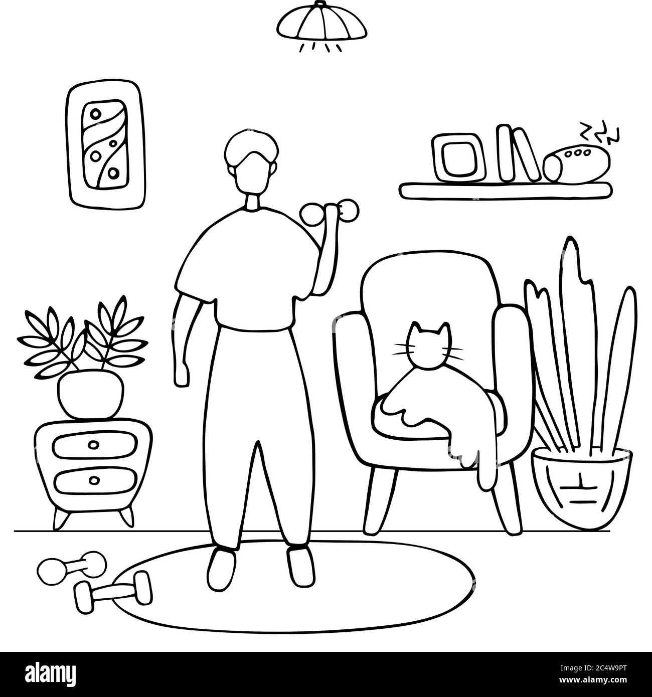 Homme faisant des exercices de haltères. Personnage masculin menant un mode de vie sain. Sport à la maison, entraînement à la maison. Illustration vectorielle Doodle Illustration de Vecteur