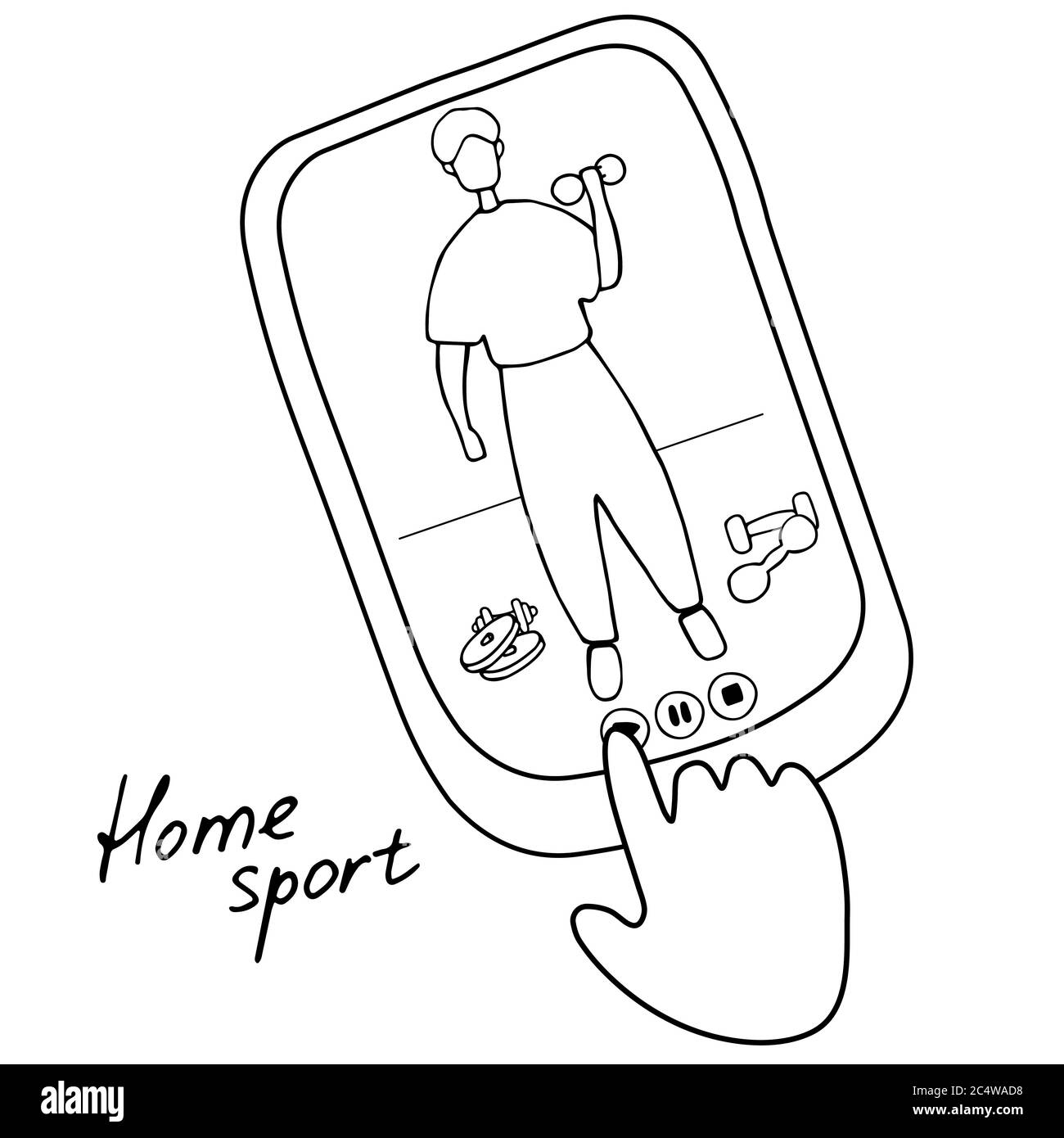 Sport Coach Training Sportsman Mobile App Homme faisant de l'exercice avec haltères dans la salle de gym. Illustration du vecteur de dessin animé plat Illustration de Vecteur