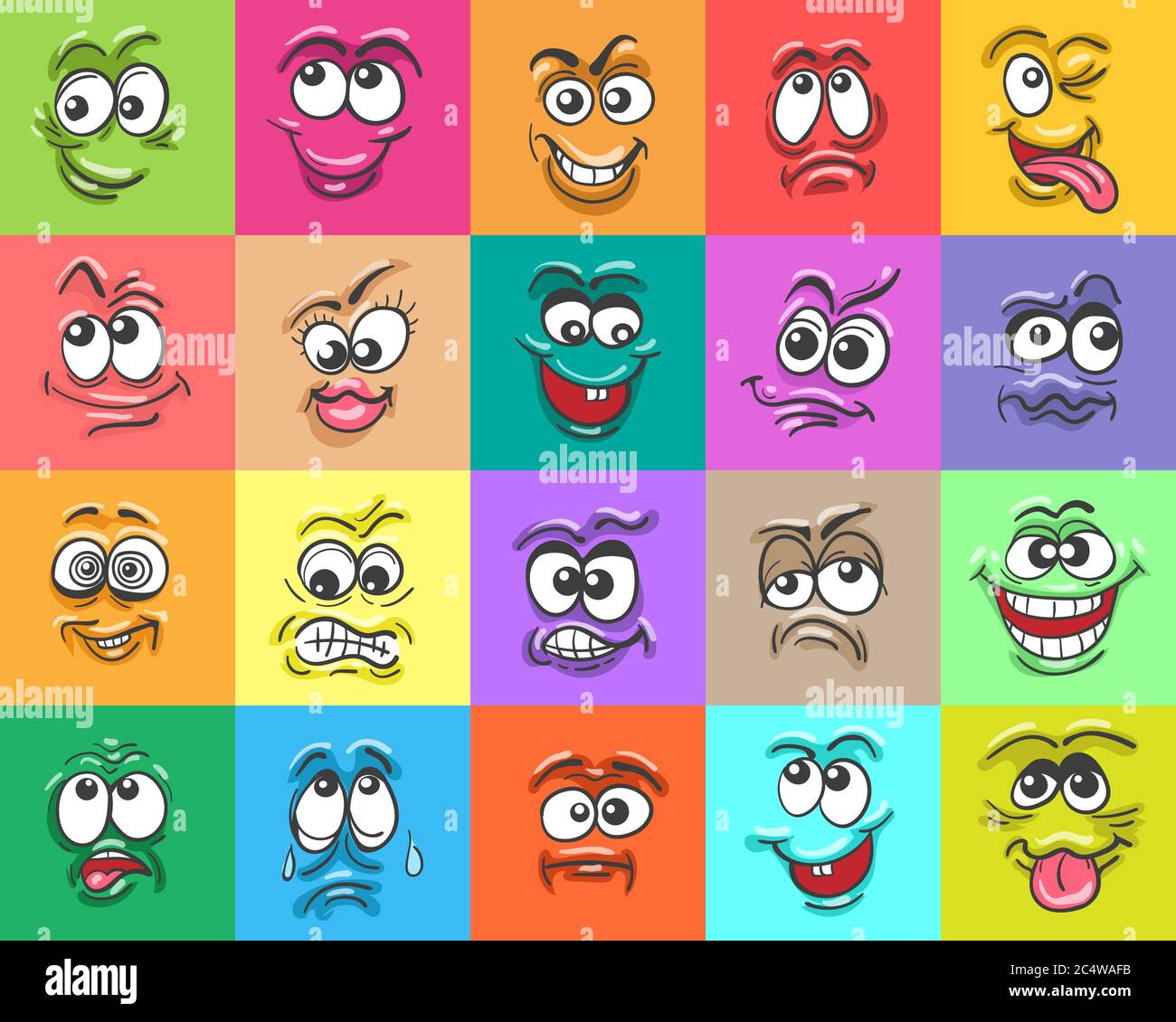 Expressions de visage de dessin animé. Heureux surpris visages, les personnages de doodle bouche et les yeux. Ensemble de doodle pour le visage. Illustration vectorielle Illustration de Vecteur