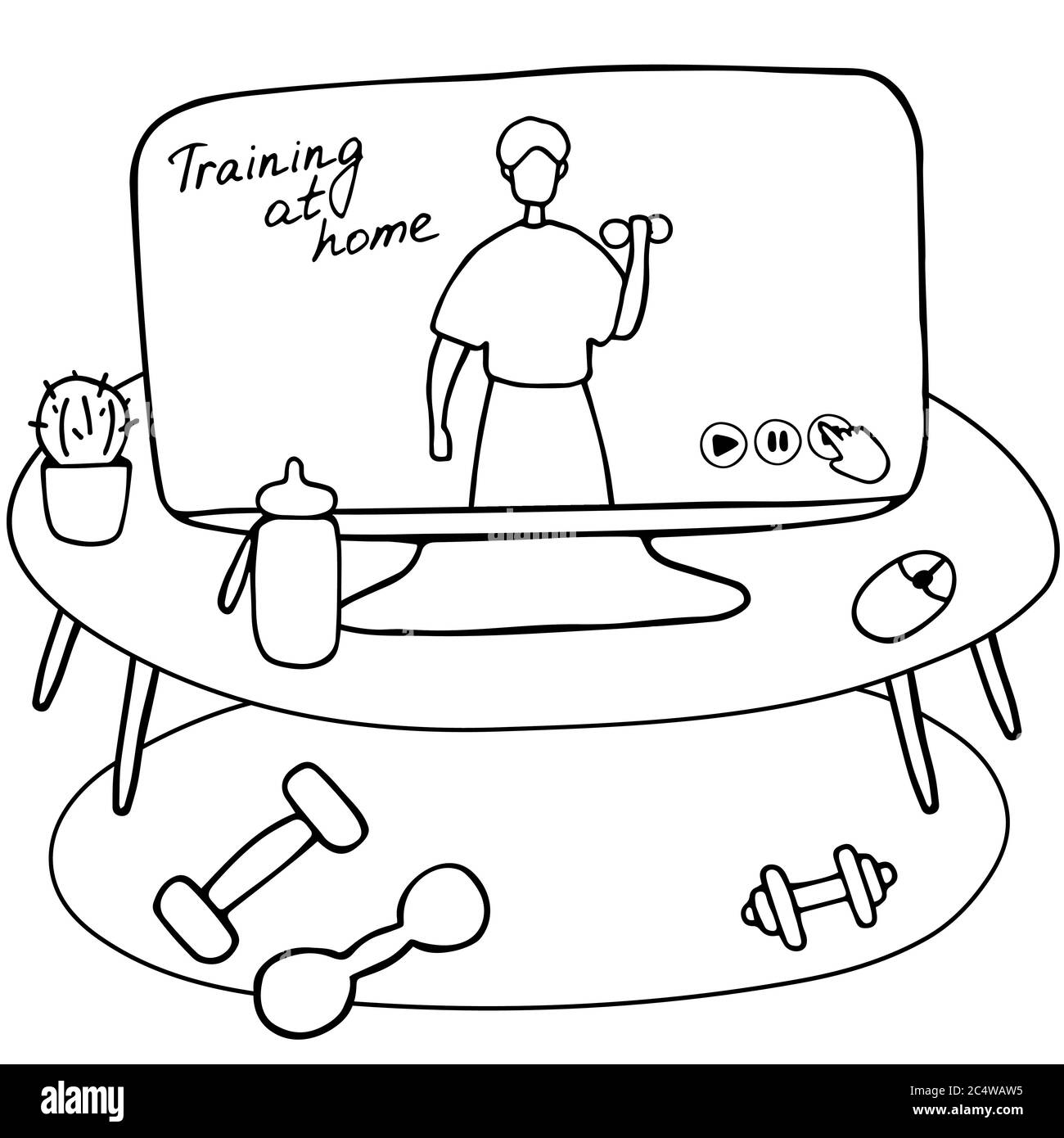 Site Web des entraîneurs sportifs. Espace de travail avec haltères et ordinateur avec application de formation ouverte. Sportif faisant de l'exercice avec haltères dans la salle de gym. Dessin animé plat Illustration de Vecteur