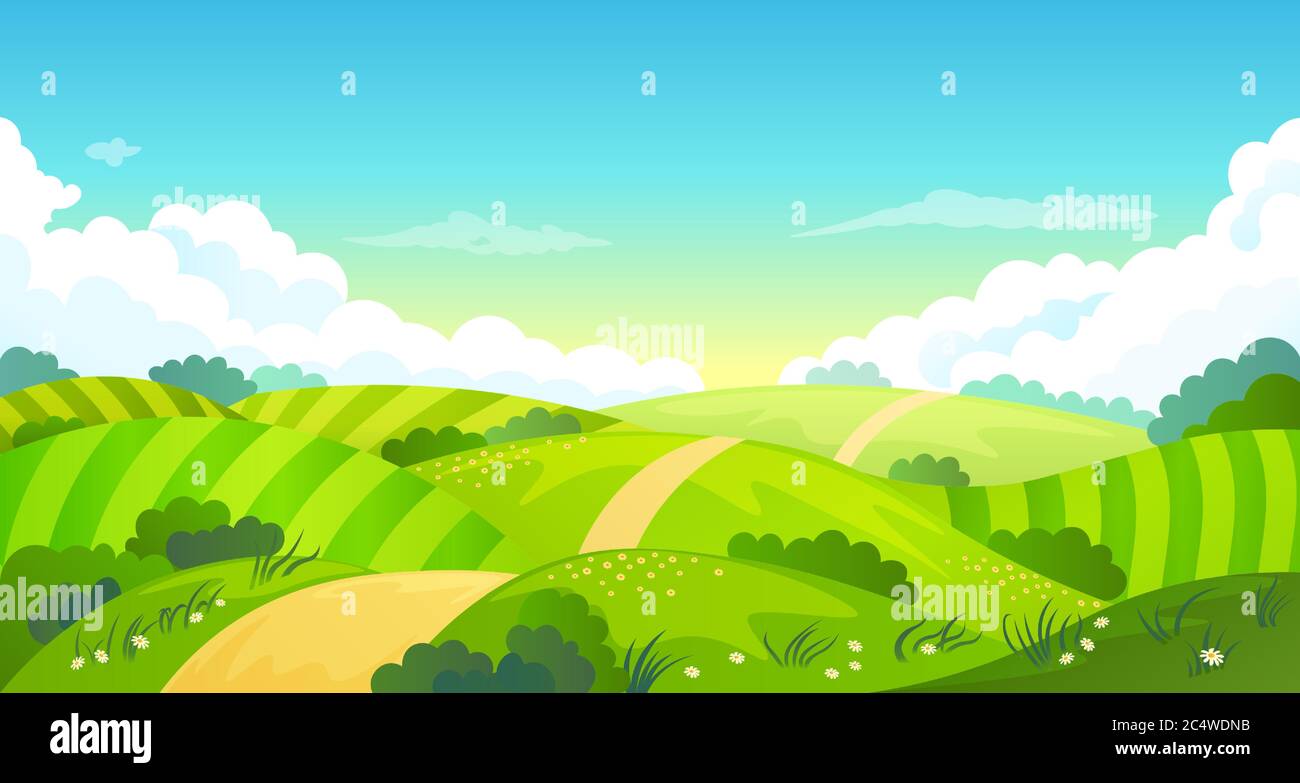 Champs lumineux été haut en couleurs paysage, herbe verte, ciel bleu clair Illustration de Vecteur