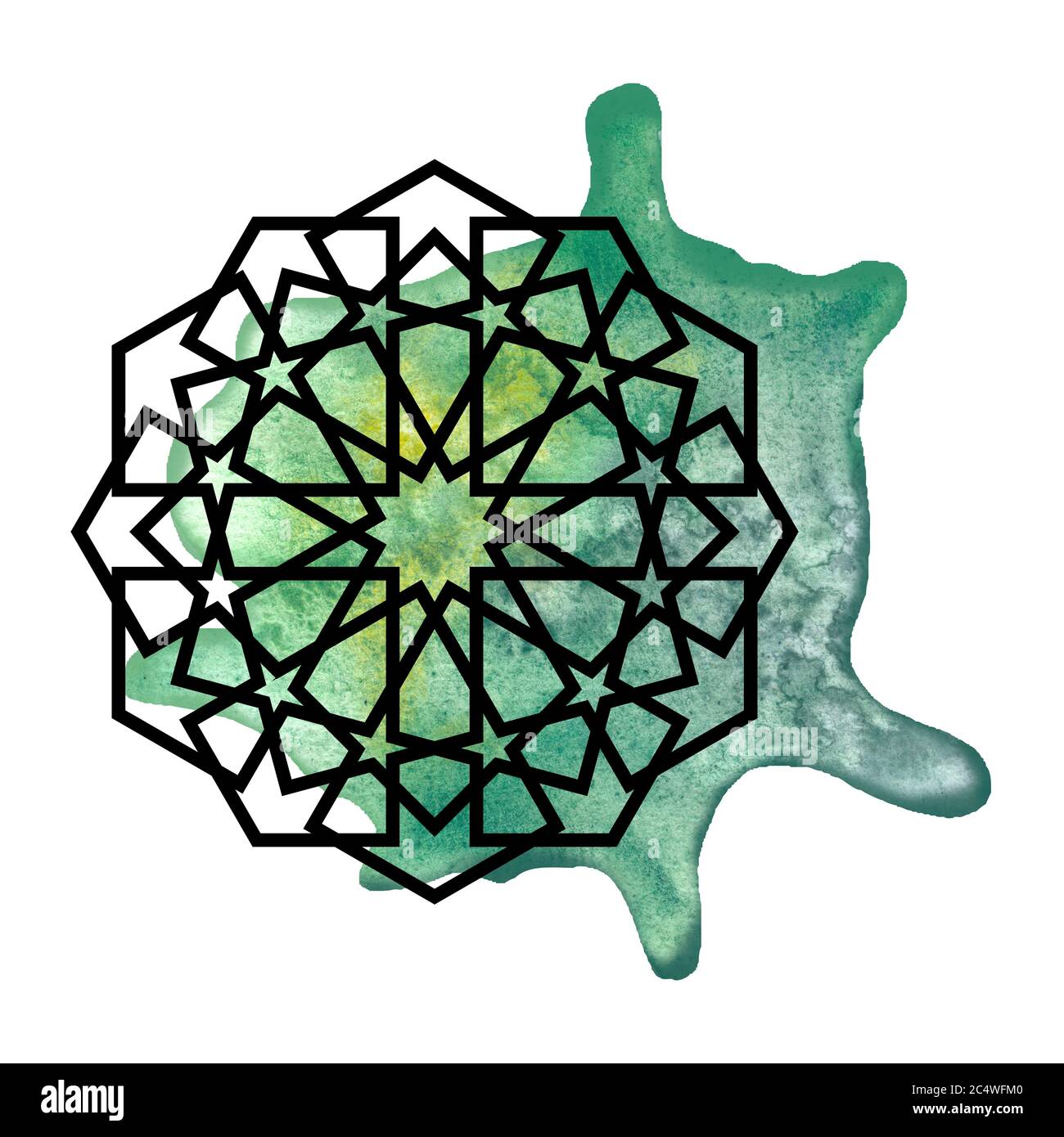 Élément géométrique arrondi Arabesque avec éclaboussures d'aquarelle. Design Mandala Banque D'Images