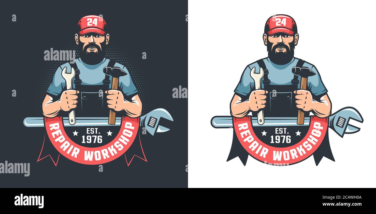 Logo vintage de l'atelier de réparation avec le logo de l'employé en casquette Illustration de Vecteur