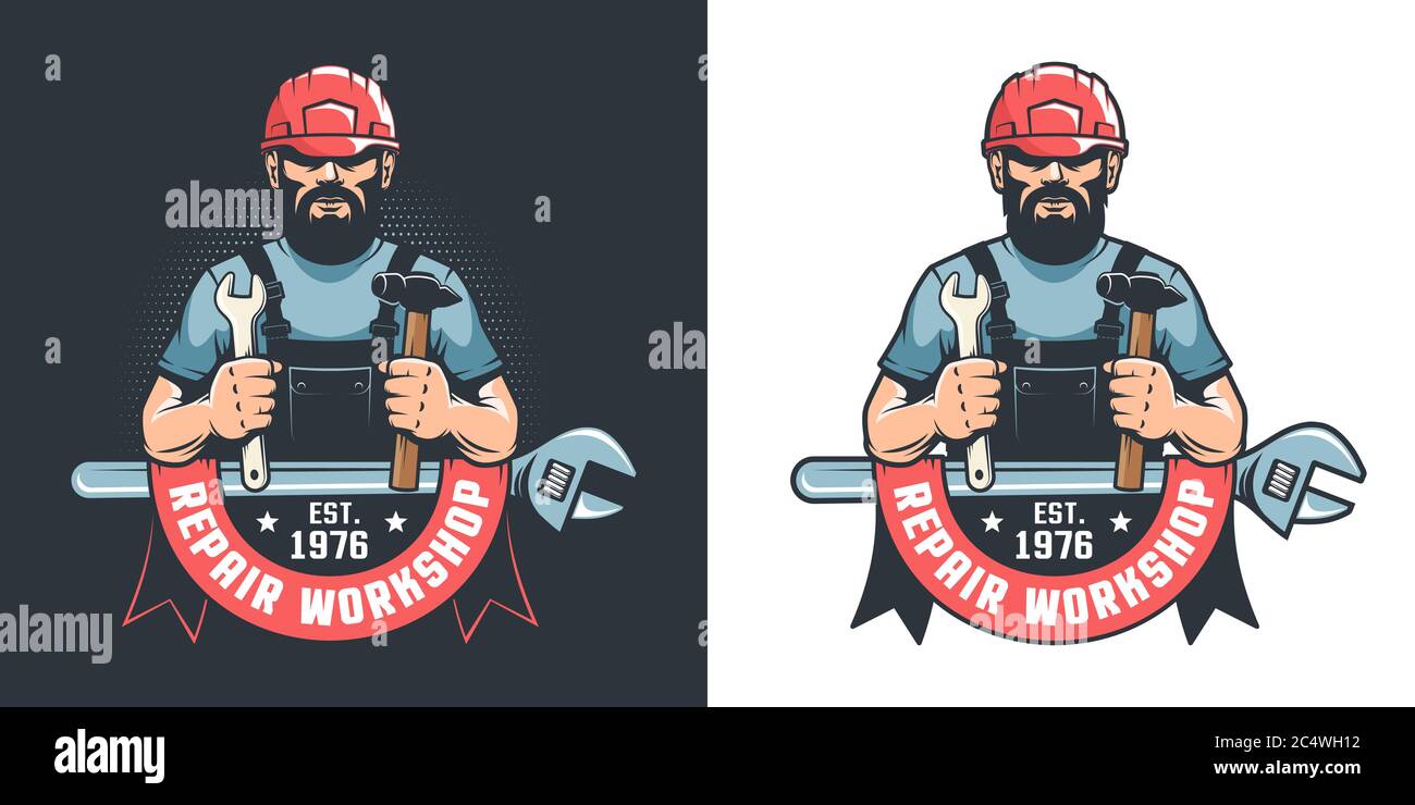 Ouvrier en casque avec marteau et clé - atelier mécanique logo vintage Illustration de Vecteur