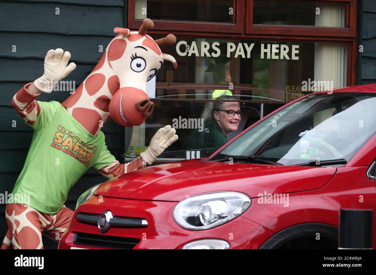 Une mascotte se défait alors que les voitures arrivent au guichet du parc safari Blair Drummond, près de Stirling, qui rouvre aujourd'hui dans le cadre du plan progressif de l'Écosse pour se retirer du blocage du coronavirus. Banque D'Images