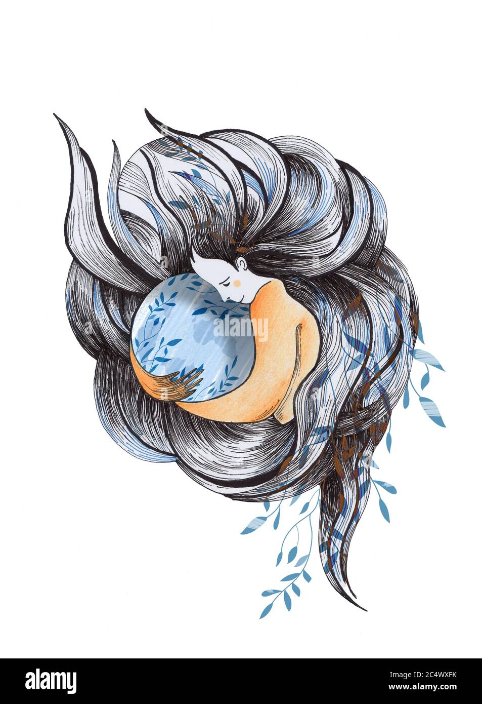 Une fille aux cheveux linéaires a embrassé la planète bleue sur un fond blanc isolé:encre,dessin à la main:carte postale:peut être utilisée pour l'impression de t-shirt Banque D'Images