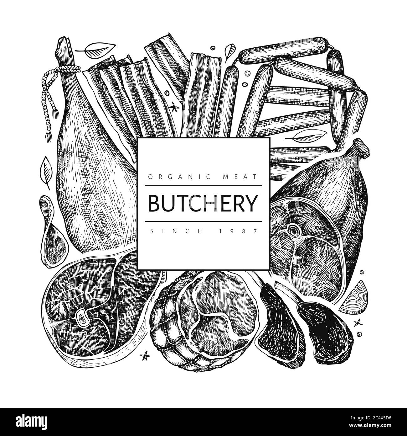 Modèle de conception de produits de viande vintage vectoriels. Jambon, saucisses, jamon, épices et herbes dessinées à la main. Ingrédients alimentaires crus. Illustration vintage. Peut être nous Illustration de Vecteur Modèle de conception de produits de viande vintage vectoriels. Jambon, saucisses, jamon, épices et herbes dessinées à la main. Ingrédients alimentaires crus. Illustration vintage. Peut être nous Illustration de Vecteur